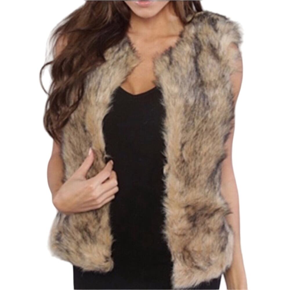 BB Dakota Faux Fur Vest Brown Black Cozy Boho Chic Layering Vest Size Small
